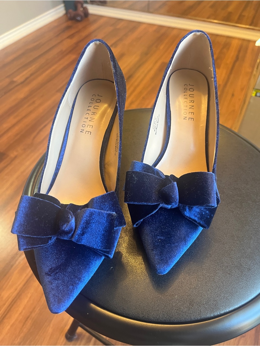 Journee Collection Royal Blue Velvet Bow Pointed Toe Heels